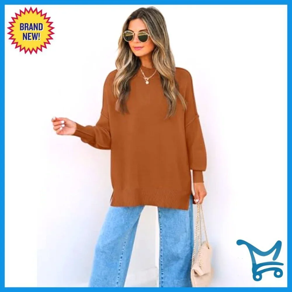 Oversized Ribbed Knit Pullover Sweater Batwing Sleeve Side Slit Chic Fall